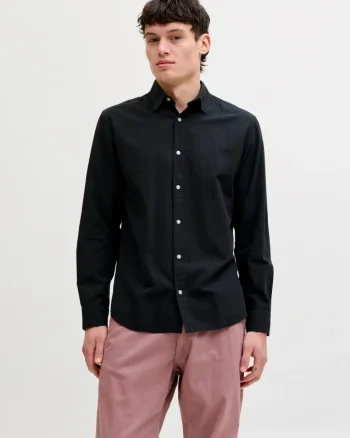 Jack & Jones Camasa cu maneca lunga barbati, din amestec de in, Regular fit, Negru (SELECTATI MARIMEA: XL)