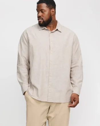 Jack & Jones Plus Camasa barbati big sizes, cu maneca lunga din amestec de in, Bej (SELECTATI MARIMEA: 7XL)
