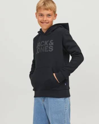 Jack & Jones Hanorac baieti, Regular Fit cu buzunar tip marsupiu si imprimeu cu logo, Negru (SELECTATI MARIMEA: 128 cm)