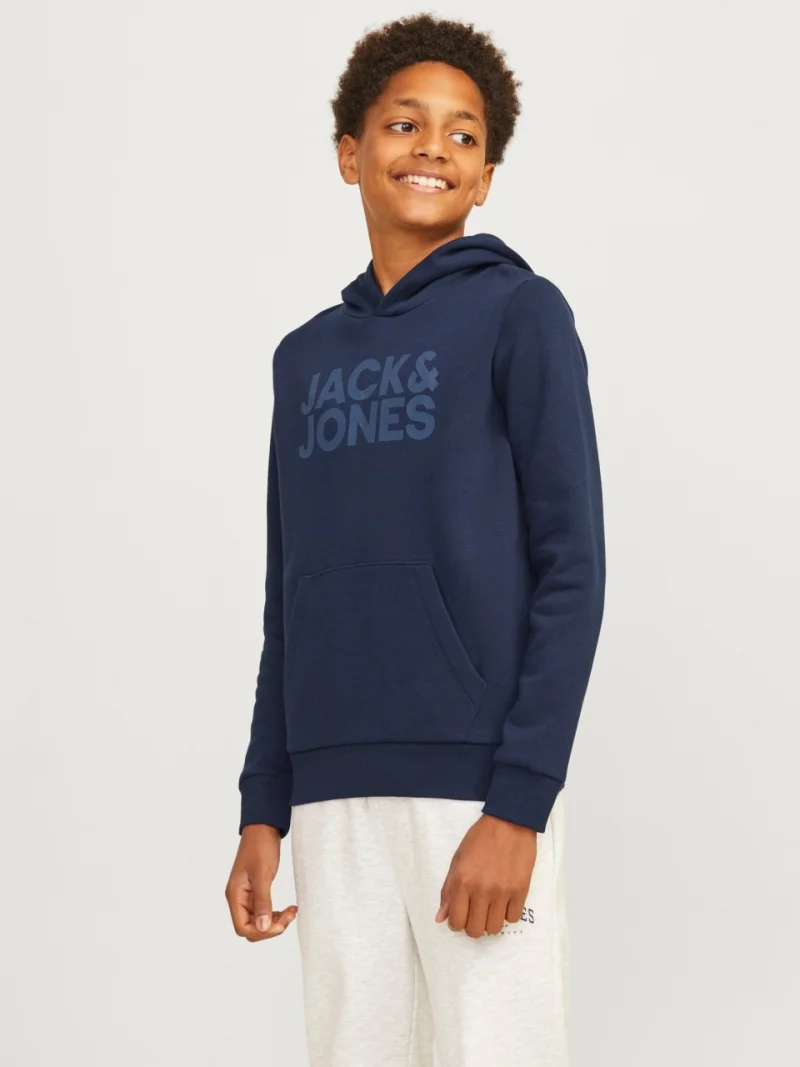 Jack & Jones Hanorac baieti, Regular Fit cu buzunar tip marsupiu si imprimeu cu logo, Bleumarin inchis (SELECTATI MARIMEA: 140 cm)