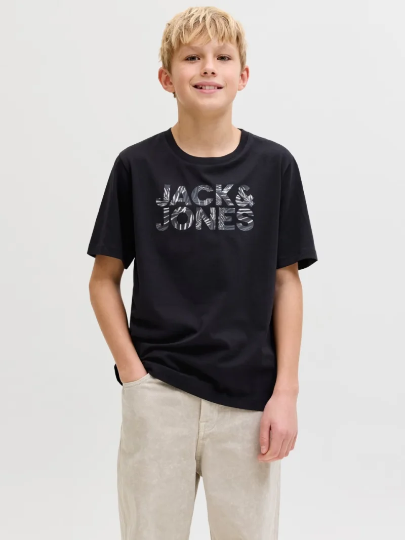 Jack & Jones Tricou cu decolteu la baza gatului, baieti, imprimeu cu logo, Regular fit, Negru (SELECTATI MARIMEA: 128 cm)