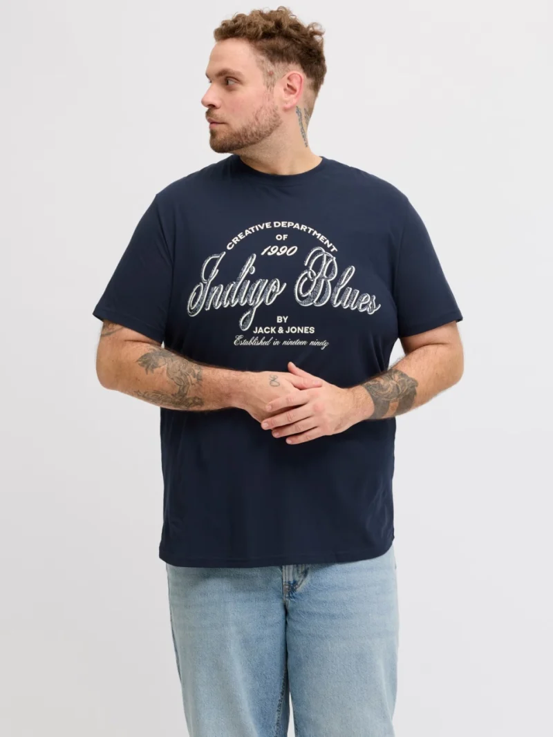 Jack & Jones Plus Tricou barbati big sizes, Denver, cu imprimeu text, Bleumarin inchis (SELECTATI MARIMEA: 2XL)