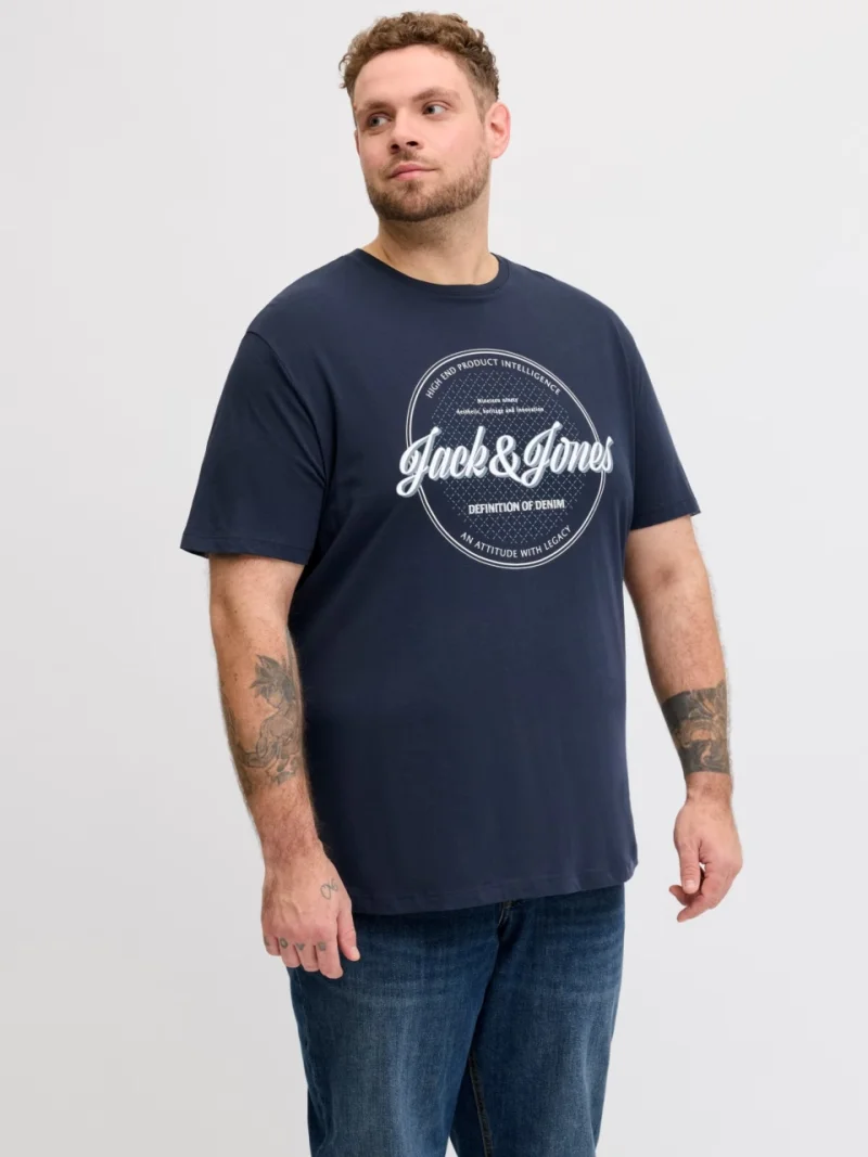 Jack & Jones Plus Tricou barbati big sizes, imprimeu text cu logo, Bleumarin inchis (SELECTATI MARIMEA: 3XL)