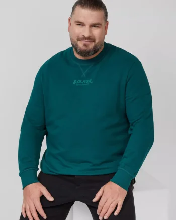 s.Oliver Big Sizes Bluza barbati big sizes cu decolteu la baza gatului, logo, Regular Fit, Verde inchis (SELECTATI MARIMEA: 2XL)
