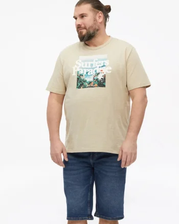 s.Oliver Big Sizes Tricou barbati big sizes cu imprimeu foto si decolteu la baza gatului, Crem (SELECTATI MARIMEA: 2XL)