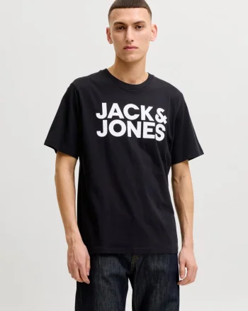 Jack & Jones Tricou simplu, barbati, din 100% bumbac, cu imprimeu cu logo, Negru (SELECTATI MARIMEA: XS)