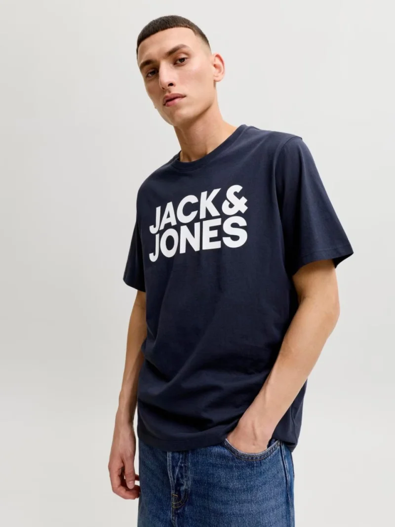 Jack & Jones Tricou simplu, barbati, din 100% bumbac, cu imprimeu cu logo, Bleumarin inchis (SELECTATI MARIMEA: XS)
