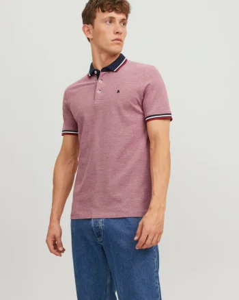 Jack & Jones Tricou polo barbati, Slim fit cu guler contrast, Roz (SELECTATI MARIMEA: S)
