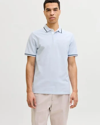 Jack & Jones Tricou polo barbati, Slim fit cu guler contrast, Albastru deschis (SELECTATI MARIMEA: S)
