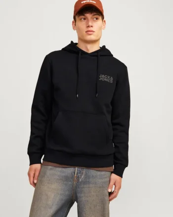 Jack & Jones Hanorac barbati fara fermoar, cu logo, Negru (SELECTATI MARIMEA: S)