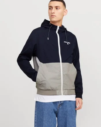Jack & Jones Jacheta bomber cu gluga, JJERUSH HOOD, Bleumarin inchis/Gri (SELECTATI MARIMEA: M)