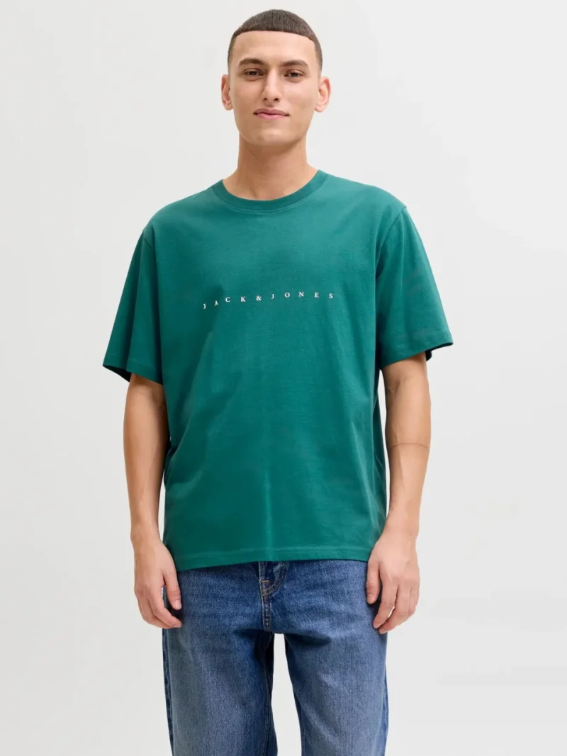 Jack & Jones Tricou barbati JJESTAR JJ TEE SS, cu textul Jack & Jones, Relaxed Fit, Verde inchis (SELECTATI MARIMEA: S)