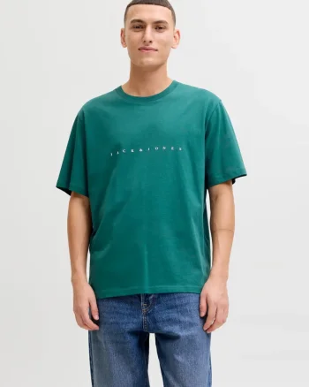 Jack & Jones Tricou barbati JJESTAR JJ TEE SS, cu textul Jack & Jones, Relaxed Fit, Verde inchis (SELECTATI MARIMEA: S)