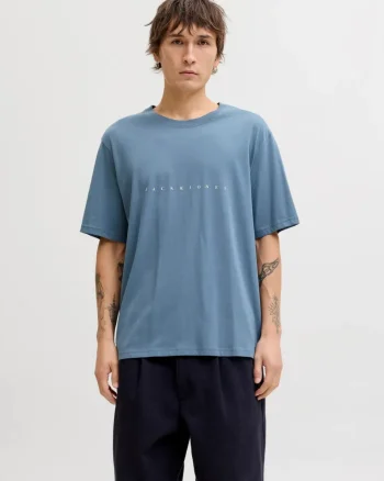Jack & Jones Tricou barbati JJESTAR JJ TEE SS, cu textul Jack & Jones, Relaxed Fit, Albastru inchis (SELECTATI MARIMEA: S)