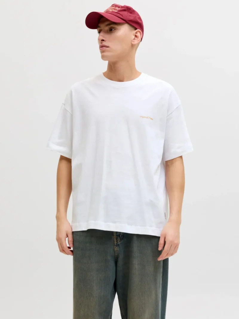 Jack & Jones Tricou barbati, din bumbac, imprimeu pe spate, Loose fit, JORMONTAUK, Alb (SELECTATI MARIMEA: M)