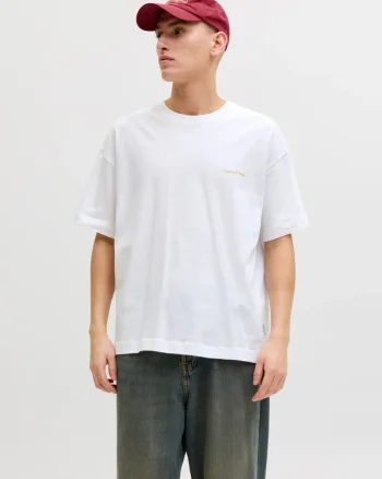 Jack & Jones Tricou barbati, din bumbac, imprimeu pe spate, Loose fit, JORMONTAUK, Alb (SELECTATI MARIMEA: M)