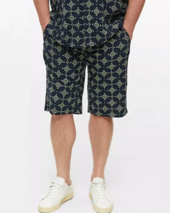s.Oliver Big Sizes Pantaloni scurti barbati big sizes, cu talie medie, din bumbac, cu imprimeu, Resort fit, Detroit, Bleumarin inchis (SELECTATI