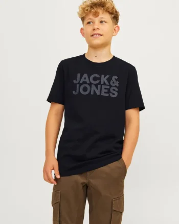 Jack & Jones Tricou baieti, din bumbac organic, Regular fit la baza gatului, JJECORP, Negru (SELECTATI MARIMEA: 128 cm)