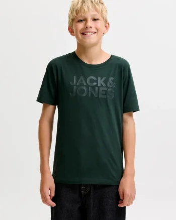 Jack & Jones Tricou baieti, din bumbac organic, Regular fit la baza gatului, JJECORP, Verde inchis (SELECTATI MARIMEA: 128 cm)
