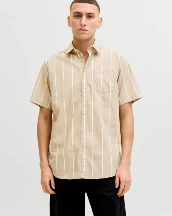 Jack & Jones Camasa barbati din bumbac cu imprimeu in dungi, Regular Fit, JJETHAN, Maro deschis (SELECTATI MARIMEA: M)