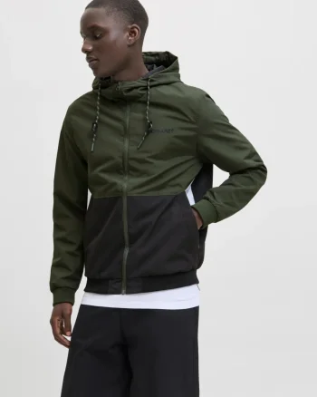 Jack & Jones Jacheta bomber cu gluga, JJERUSH HOOD, Verde inchis/Negru (SELECTATI MARIMEA: S)