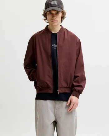 Jack & Jones, Jacheta bomber, barbati, cu buzunare oblice fara fermoar, Visiniu (SELECTATI MARIMEA: S)