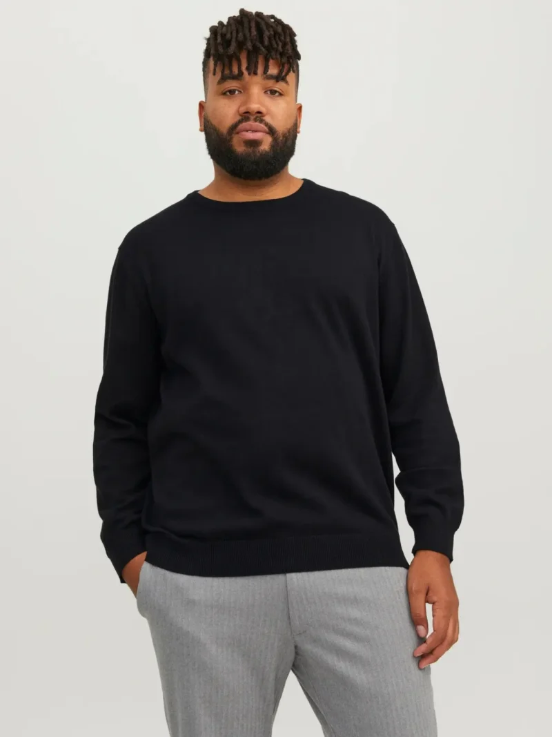 Jack & Jones Plus Pulover tricotat barbati big sizes, din bumbac organic, cu decolteu la baza gatului, Regular Fit, JJEBASIC, Negru (SELECTATI