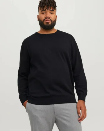 Jack & Jones Plus Pulover tricotat barbati big sizes, din bumbac organic, cu decolteu la baza gatului, Regular Fit, JJEBASIC, Negru (SELECTATI