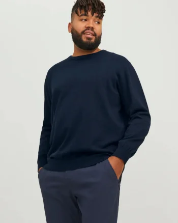 Jack & Jones Plus Pulover tricotat barbati big sizes, din bumbac organic, cu decolteu la baza gatului, Regular Fit, JJEBASIC, Bleumarin inchis