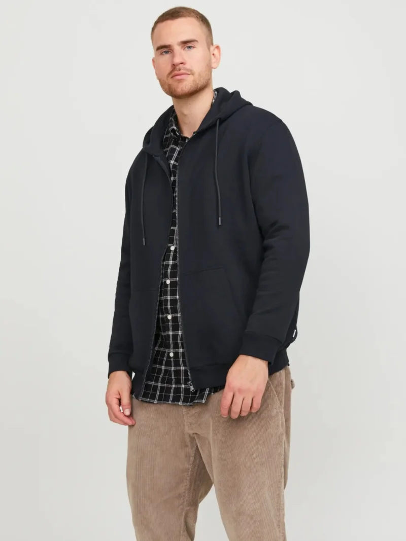 Jack & Jones Plus Hanorac cu fermoar, barbati big sizes, Relaxed Fit, JJEBRADLEY, Negru (SELECTATI MARIMEA: 4XL)