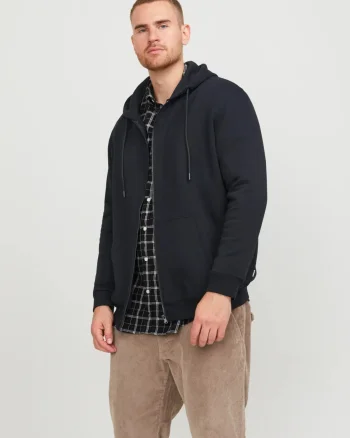 Jack & Jones Plus Hanorac cu fermoar, barbati big sizes, Relaxed Fit, JJEBRADLEY, Negru (SELECTATI MARIMEA: 4XL)