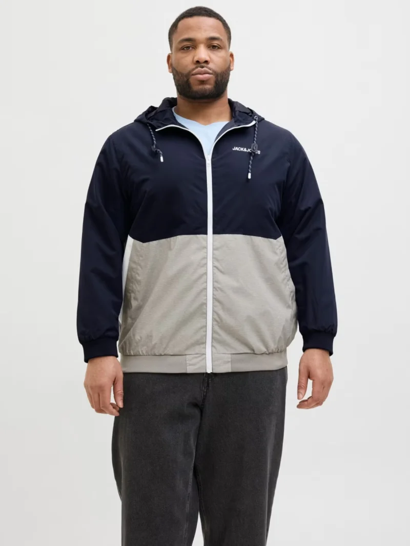 Jack & Jones Plus Jacheta bomber cu gluga, barbati big sizes, JJERUSH, Bleumarin inchis/Gri (SELECTATI MARIMEA: 3XL)