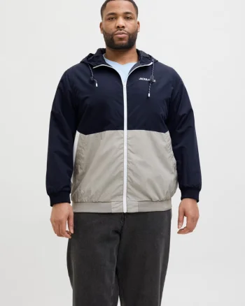 Jack & Jones Plus Jacheta bomber cu gluga, barbati big sizes, JJERUSH, Bleumarin inchis/Gri (SELECTATI MARIMEA: 3XL)