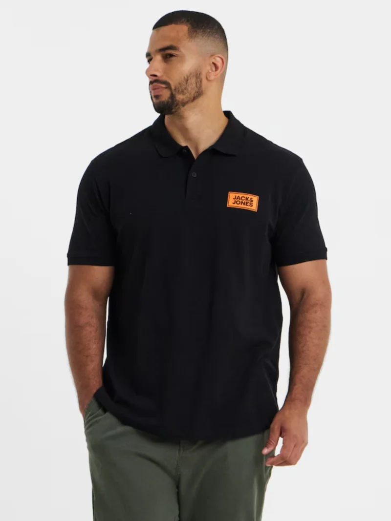 Jack & Jones Plus Tricou polo barbati big sizes, din piqué de bumbac, Regular fit, JJRUSH, Negru (SELECTATI MARIMEA: 4XL)