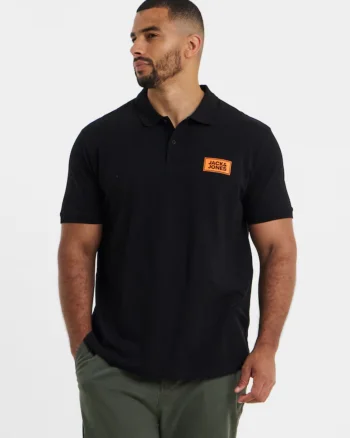 Jack & Jones Plus Tricou polo barbati big sizes, din piqué de bumbac, Regular fit, JJRUSH, Negru (SELECTATI MARIMEA: 4XL)