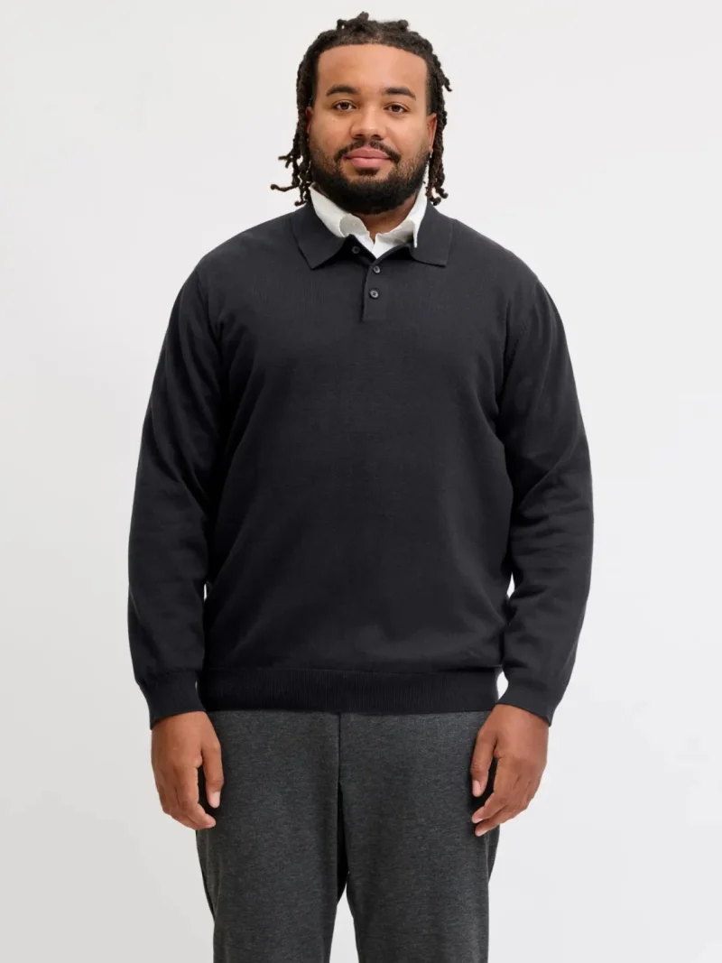 Jack & Jones Plus Pulover tricotat barbati big sizes, din bumbac organic, guler polo, JJEBASIC, Regular Fit, Negru (SELECTATI MARIMEA: 3XL)