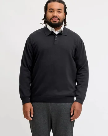 Jack & Jones Plus Pulover tricotat barbati big sizes, din bumbac organic, guler polo, JJEBASIC, Regular Fit, Negru (SELECTATI MARIMEA: 3XL)