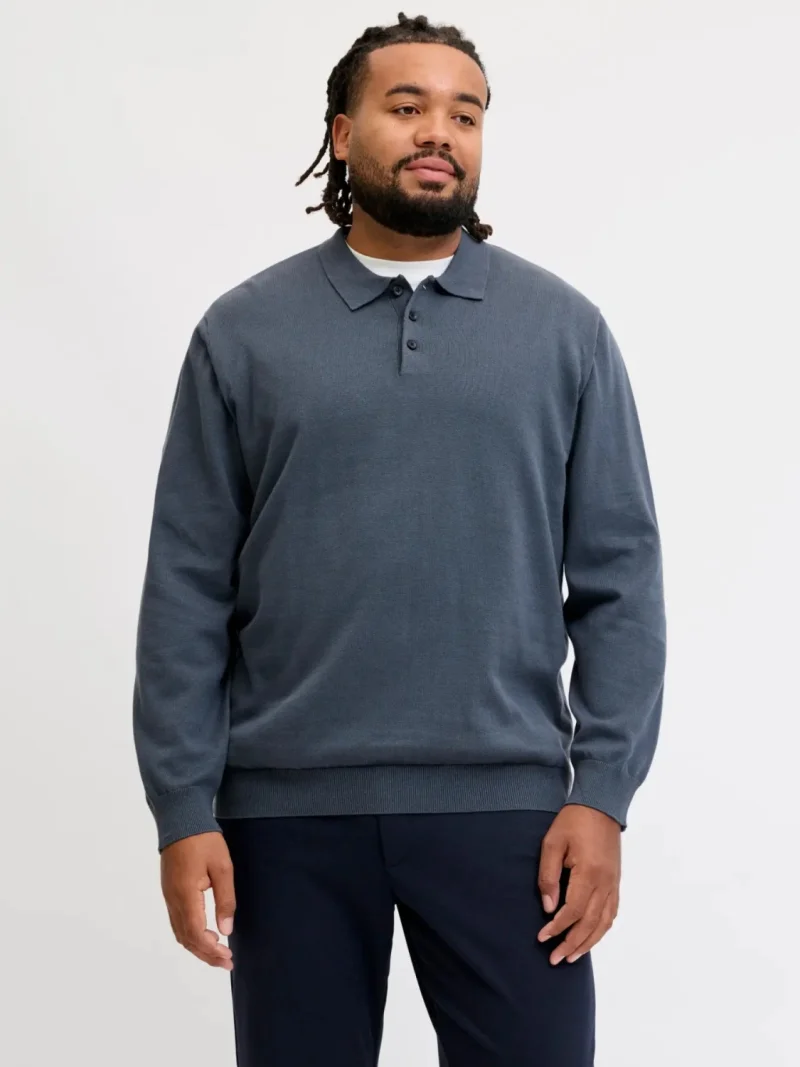 Jack & Jones Plus Pulover tricotat barbati big sizes, din bumbac organic, guler polo, JJEBASIC, Regular Fit, Gri albastrui (SELECTATI MARIMEA: 3XL)