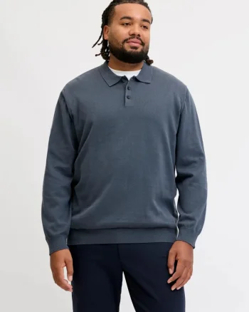 Jack & Jones Plus Pulover tricotat barbati big sizes, din bumbac organic, guler polo, JJEBASIC, Regular Fit, Gri albastrui (SELECTATI MARIMEA: 3XL)