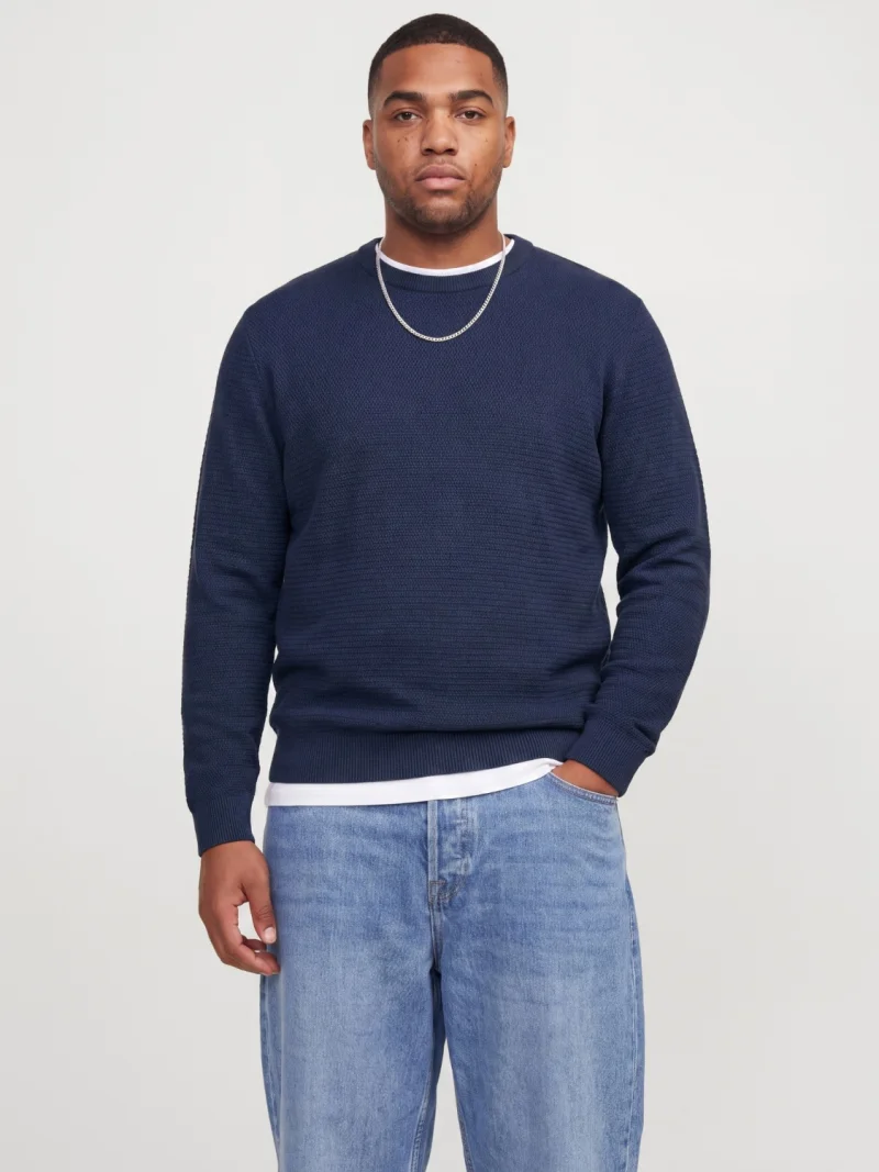 Jack & Jones Plus Pulover tricotat barbati big sizes, din bumbac organic, decolteu la baza gatului, JJERYDER, Regular Fit, Bleumarin inchis