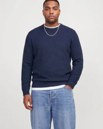Jack & Jones Plus Pulover tricotat barbati big sizes, din bumbac organic, decolteu la baza gatului, JJERYDER, Regular Fit, Bleumarin inchis