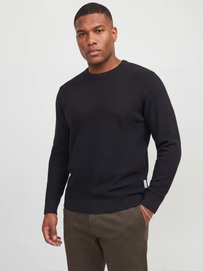 Jack & Jones Plus Pulover tricotat barbati big sizes, din bumbac organic, decolteu la baza gatului, JJERYDER, Regular Fit, Negru (SELECTATI MARIMEA: