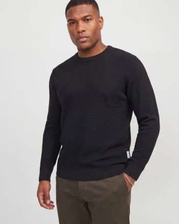 Jack & Jones Plus Pulover tricotat barbati big sizes, din bumbac organic, decolteu la baza gatului, JJERYDER, Regular Fit, Negru (SELECTATI MARIMEA: