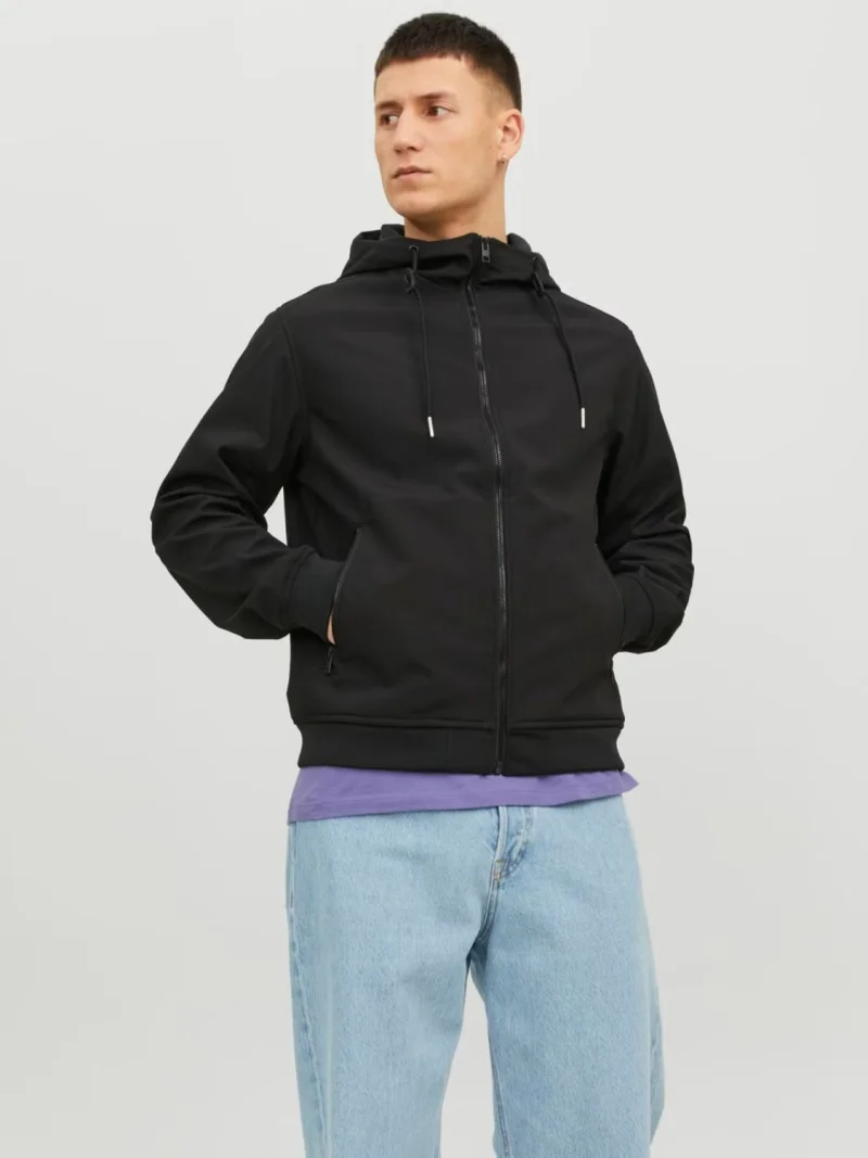 Jack & Jones Jacheta softshell, barbati, cu gluga, Regular fit, JJEBASIC, Negru (SELECTATI MARIMEA: M)