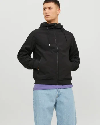 Jack & Jones Jacheta softshell, barbati, cu gluga, Regular fit, JJEBASIC, Negru (SELECTATI MARIMEA: M)