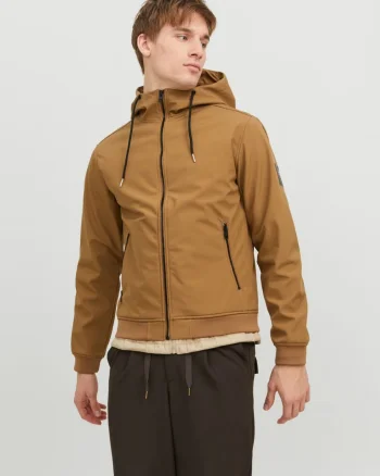 Jack & Jones Jacheta softshell, barbati, cu gluga, Regular fit, JJEBASIC, Maro (SELECTATI MARIMEA: S)