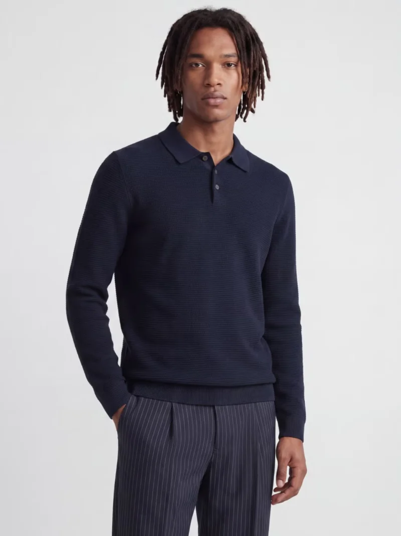 Jack & Jones Pulover tricotat barbati, din bumbac organic, guler polo, Bleumarin inchis (SELECTATI MARIMEA: S)