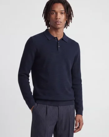 Jack & Jones Pulover tricotat barbati, din bumbac organic, guler polo, Bleumarin inchis (SELECTATI MARIMEA: S)