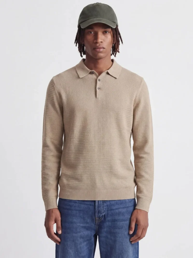 Jack & Jones Pulover tricotat barbati, din bumbac organic, guler polo, Bej (SELECTATI MARIMEA: S)
