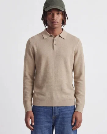 Jack & Jones Pulover tricotat barbati, din bumbac organic, guler polo, Bej (SELECTATI MARIMEA: S)